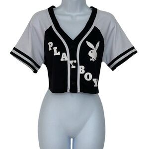 PLAYBOY Black & White Cropped Button Baseball Top